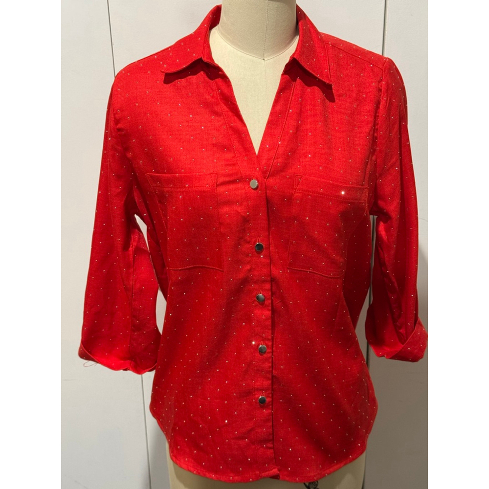 Women's Spin Red Sparkle Button Down roll tab 3/4 sleeves Shirt S